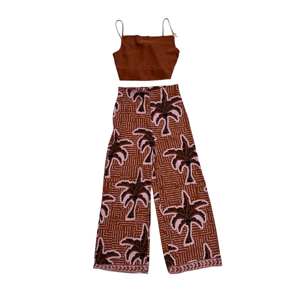 Joie Brown & Pink Tropical Print Cropped Wide-Leg Pants